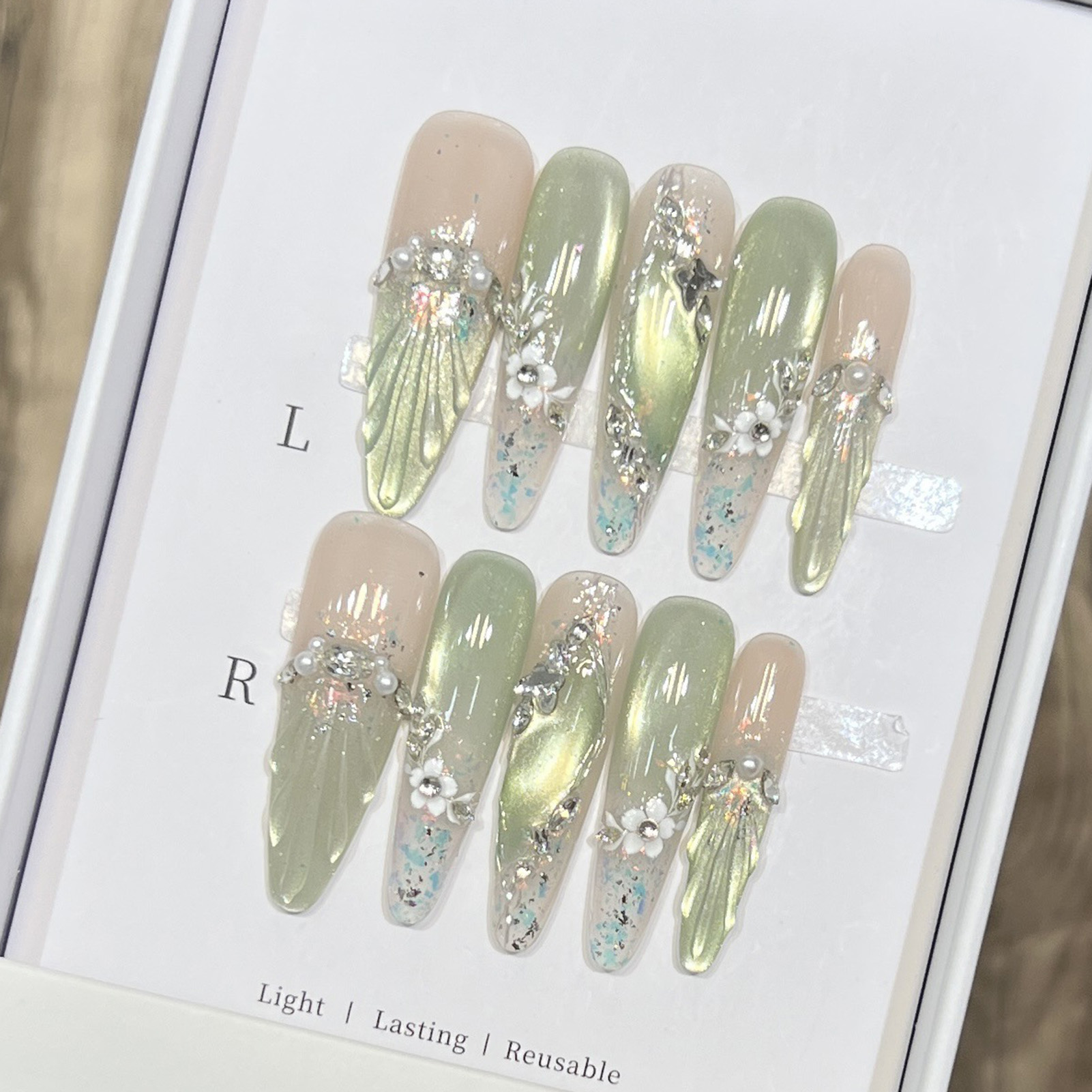 10pcs Long Almond Fake Nails T - Pressed Flower Art recension och pris