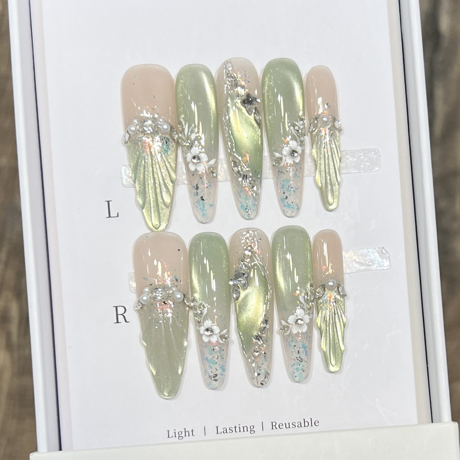 10pcs Long Almond Fake Nails T - Pressed Flower Art recension och pris